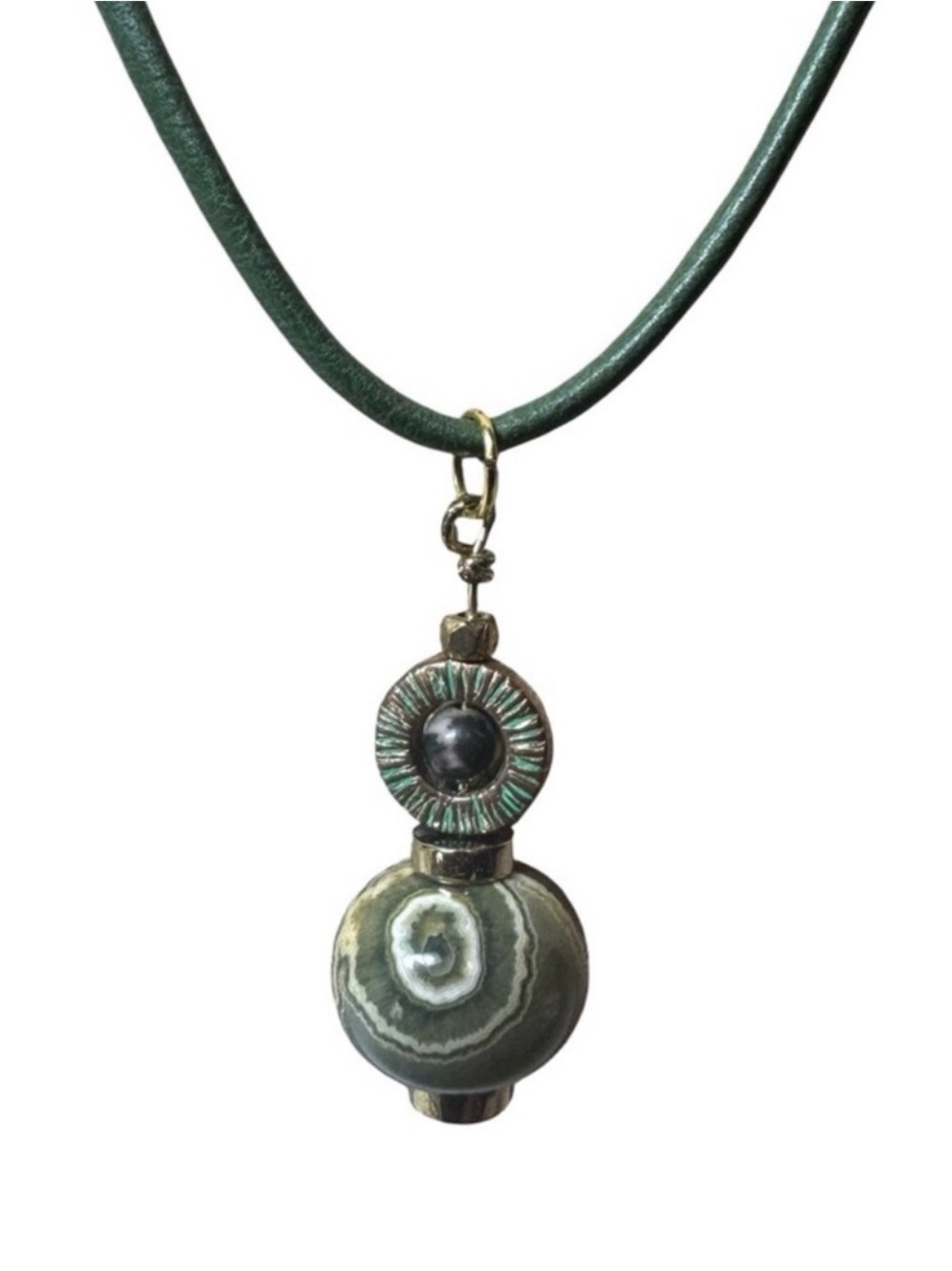 Ocean Jasper Pendant on Green Leather Necklace Cord - OOAK! NEW